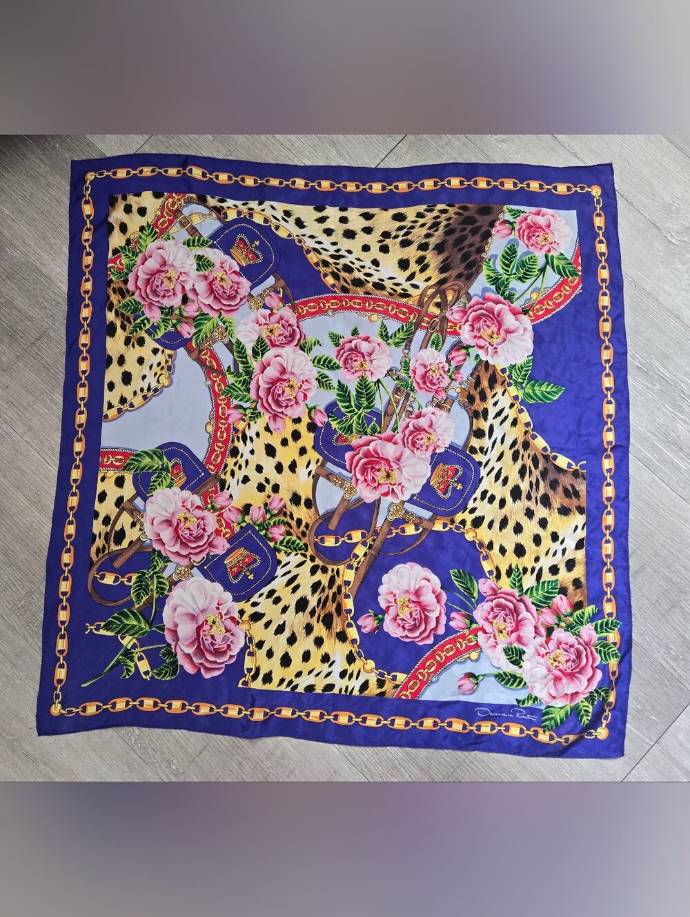 Oscar de la Renta Purple, Pink & Gold Floral and Leopard Silk Scarf